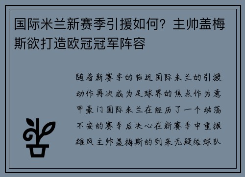 国际米兰新赛季引援如何？主帅盖梅斯欲打造欧冠冠军阵容