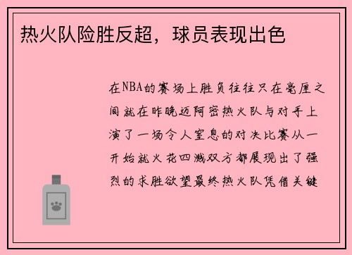 热火队险胜反超，球员表现出色