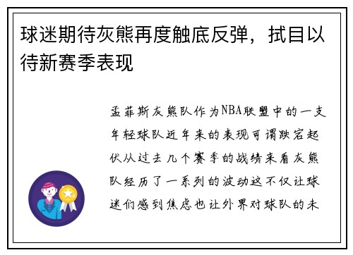 球迷期待灰熊再度触底反弹，拭目以待新赛季表现