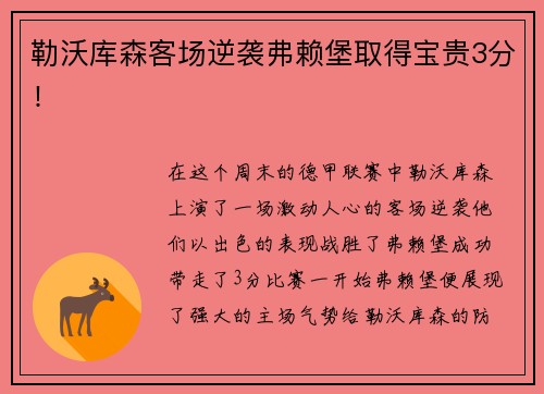 勒沃库森客场逆袭弗赖堡取得宝贵3分！